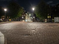 night scene of city block with cobblestone pathway and multiple light posts and lights