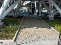 a walkway is surrounded by brick pavers and grass and the shadow is cast on it