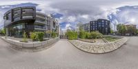 two pictures of an apartment building and a park area, with stairs going around the courtyard area, and a sidewalk