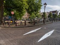 an image of a bicycle lane with benches at the curb and a stop sign in the middle of the street