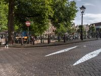 an image of a bicycle lane with benches at the curb and a stop sign in the middle of the street