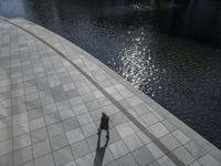 a group of people walking along a walkway next to water and buildings with windows and shadows on it