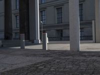 some columns in front of a building on the street and one with a skate board