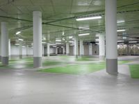 green and white checkered floor in an empty building with large columns and green carpet