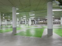 green and white checkered floor in an empty building with large columns and green carpet