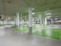 green and white checkered floor in an empty building with large columns and green carpet