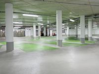 green and white checkered floor in an empty building with large columns and green carpet