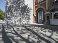 the shadow of a leafless tree on a sidewalk and a building with a blue door