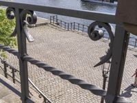 black metal fence near waterway with trees and water in background in public area by waterfront