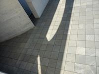 the shadow of a skateboarder in a bathroom on the tiled floor outside a bathtub