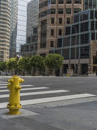 this is an empty city street with a yellow fire hydrant in the foreground