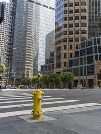 this is an empty city street with a yellow fire hydrant in the foreground