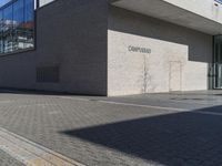 street light sitting by some bricks and a large glass windowed building behind it with graffiti