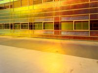 a bright windowed wall with multiple rows of glass windows and doors in a city setting