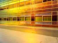 a bright windowed wall with multiple rows of glass windows and doors in a city setting