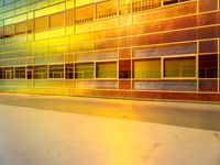 a bright windowed wall with multiple rows of glass windows and doors in a city setting