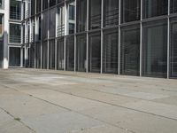 a sidewalk with two white fire hydrants outside of a building with windows in it