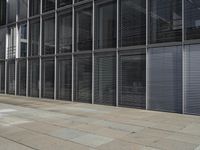 a sidewalk with two white fire hydrants outside of a building with windows in it