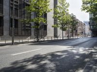 a road lined with trees in front of a tall building and another on the street with a few people riding bicycles behind it