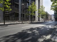 a road lined with trees in front of a tall building and another on the street with a few people riding bicycles behind it