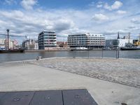 an empty cement sidewalk with some buildings in the background on a sunny day by the water