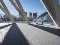 there is a very modern building that sits next to the water and a big city