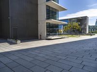 an empty stone walkway with large buildings on the sides in the background and sun beaming through the window