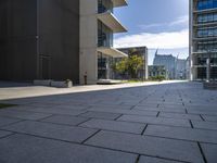 an empty stone walkway with large buildings on the sides in the background and sun beaming through the window