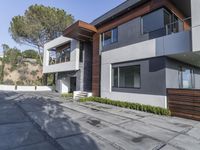 the exterior and landscape of a modern house in los angeles, california with stone and wood