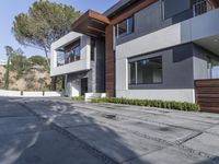 the exterior and landscape of a modern house in los angeles, california with stone and wood