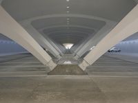 this photo shows a concrete parking space underneath an overpass area with a row of columns