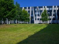 the grass is neatly tended for use by the modern buildings near the park area on the campus