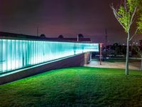 a grassy area with a glass wall and a tree in the background at night time