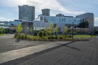 a city street surrounded by grass and tall buildings at the end of a street there is a paved pathway in front of the building