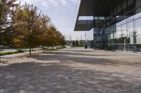 the sidewalk is made from brick and trees are in front of a glass walled building