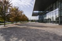 the sidewalk is made from brick and trees are in front of a glass walled building