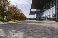 the sidewalk is made from brick and trees are in front of a glass walled building