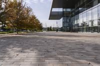 the sidewalk is made from brick and trees are in front of a glass walled building