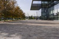 the sidewalk is made from brick and trees are in front of a glass walled building