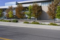 street in front of an office building with trees on both sides of the road and two cars driving down the road