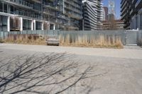 a empty park bench in front of tall buildings with tall grass in the background and an empty sidewalk behind