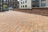 red brick floor with two building in the background from top of a roof and on the ground is a brick wall