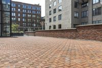 red brick floor with two building in the background from top of a roof and on the ground is a brick wall