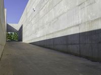 a narrow stone wall is in the middle of a walkway of concrete with grass on either side