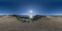 a panorama photo showing an arid ocean and beach area with some plants growing on the shoreline