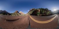 multiple photos showing the scenery of two roads in arizona, one yellow stripe and the other two on red with mountains in background