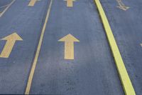 arrow symbols painted on a roadway with a light pole in the distance and a street lined by yellow curbing