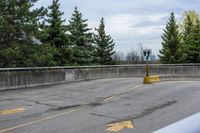 yellow arrows show no crossing in a parking lot next to a forest, near some concrete wall