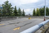 yellow arrows show no crossing in a parking lot next to a forest, near some concrete wall