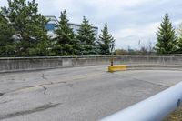 yellow arrows show no crossing in a parking lot next to a forest, near some concrete wall